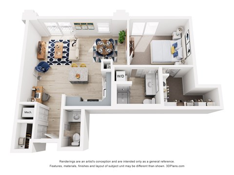 Floor plan for 1 bed, 1.5 baths, 730 sqft